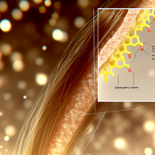 Macro hair strand with glowing disulfide (S–S) bond overlays, warm background